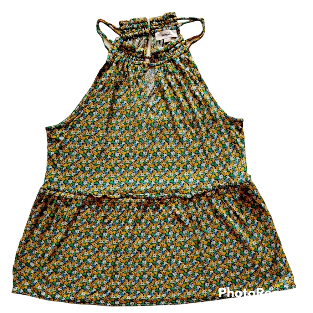 Ann Taylor LOFT  Floral Halter Top  Sz XS  Yellow/Blue/Green Strappy High Collar